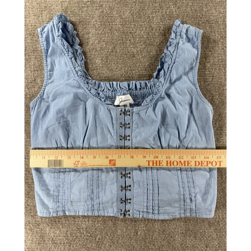 Japna Blue Cotten Cropped Tank Top Ruffle Trim Hook Eye Front Womens Small - Picture 4 of 5